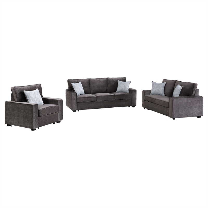 Rita Modern 3-Piece Fabric Living Room Set with LED Base in Charcoal