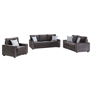 Rita Modern 3-Piece Fabric Living Room Set with LED Base in Charcoal