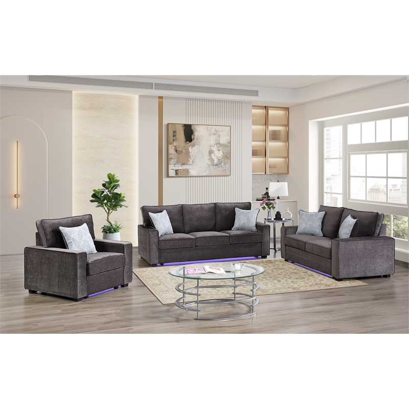 Rita Modern 3-Piece Fabric Living Room Set with LED Base in Charcoal