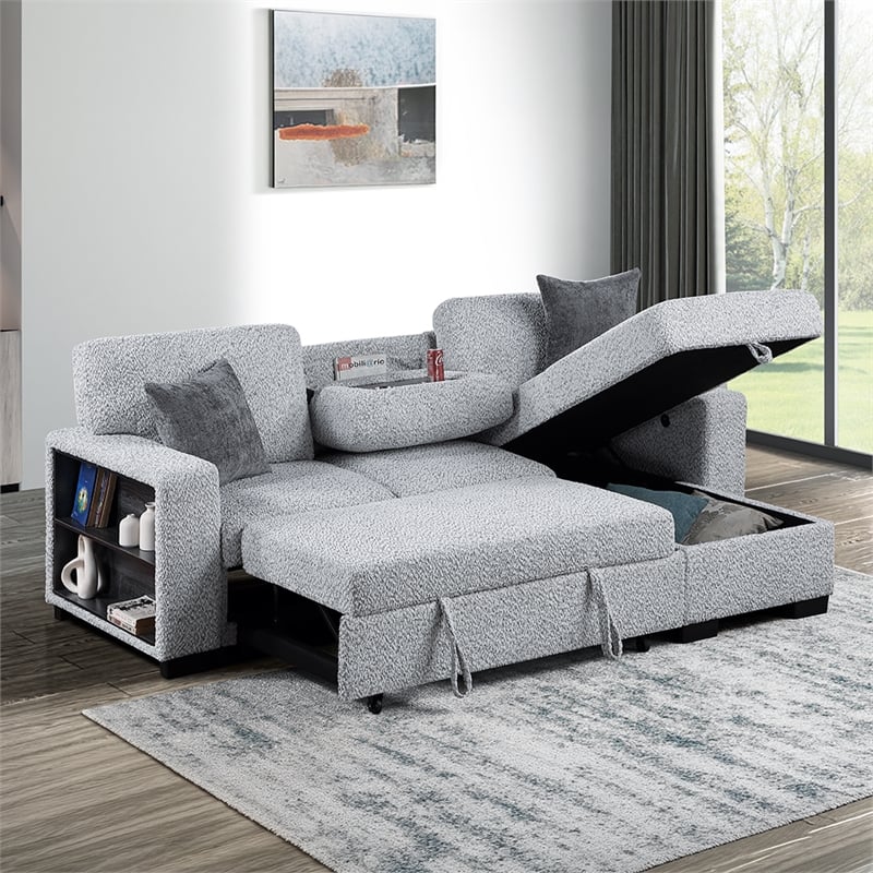 Galaxy Home BUZZ in Gray Wood Reversible Sleeper Sectional w Storage & USB