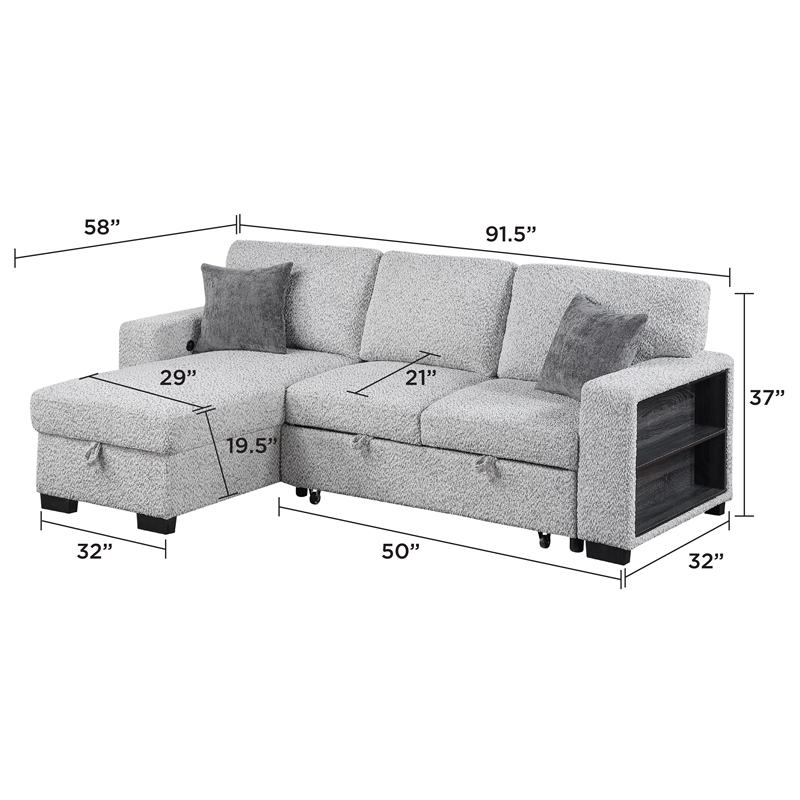 Galaxy Home BUZZ in Gray Wood Reversible Sleeper Sectional w Storage & USB