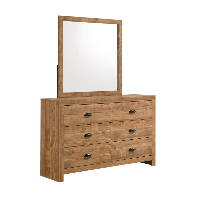 Montana 6-Drawer Wood Dresser in Natural Finish with Black Pull Handles