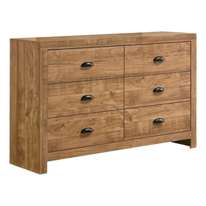 Montana 6-Drawer Wood Dresser in Natural Finish with Black Pull Handles