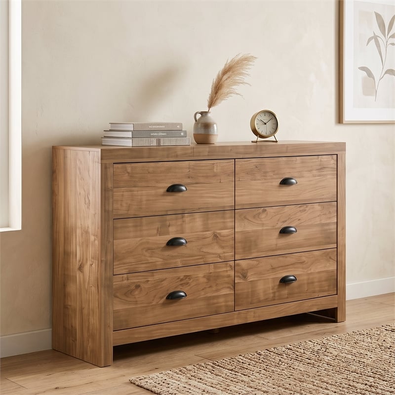 Montana 6-Drawer Wood Dresser in Natural Finish with Black Pull Handles