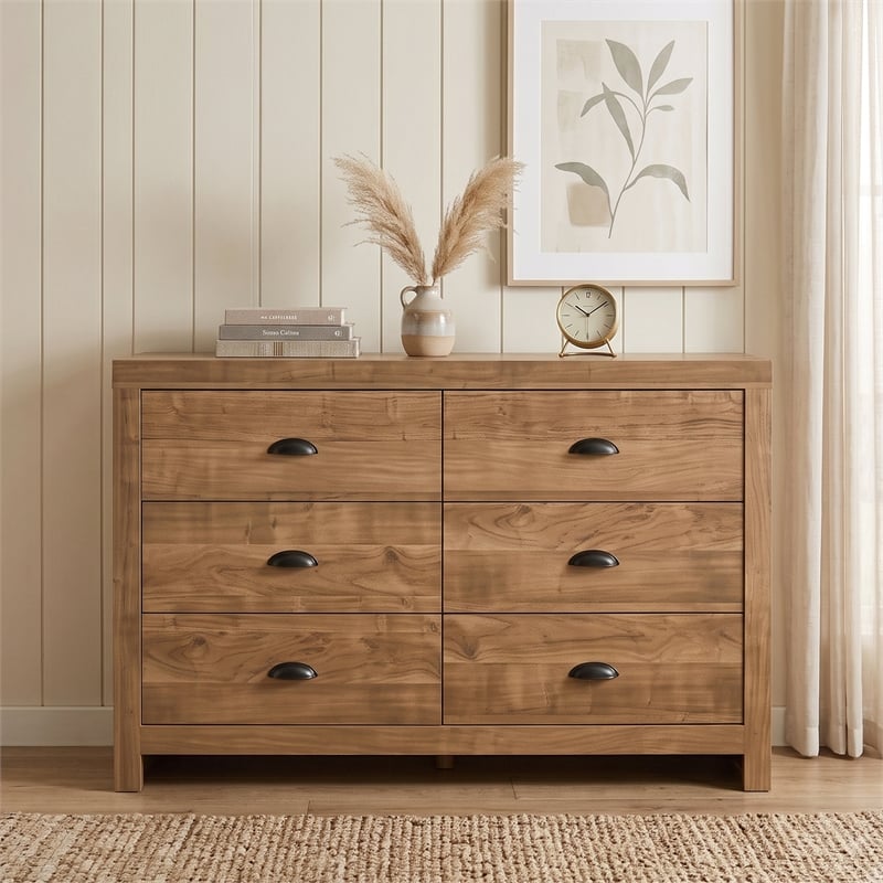 Montana 6-Drawer Wood Dresser in Natural Finish with Black Pull Handles