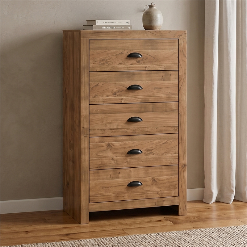 Montana 5-Drawer Wood Chest in Natural with Black Pull Handles