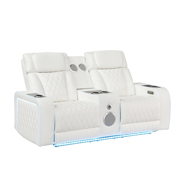 Galaxy Electra PWR Reclining Loveseat w Console Speakers/Massage/LED in Ice