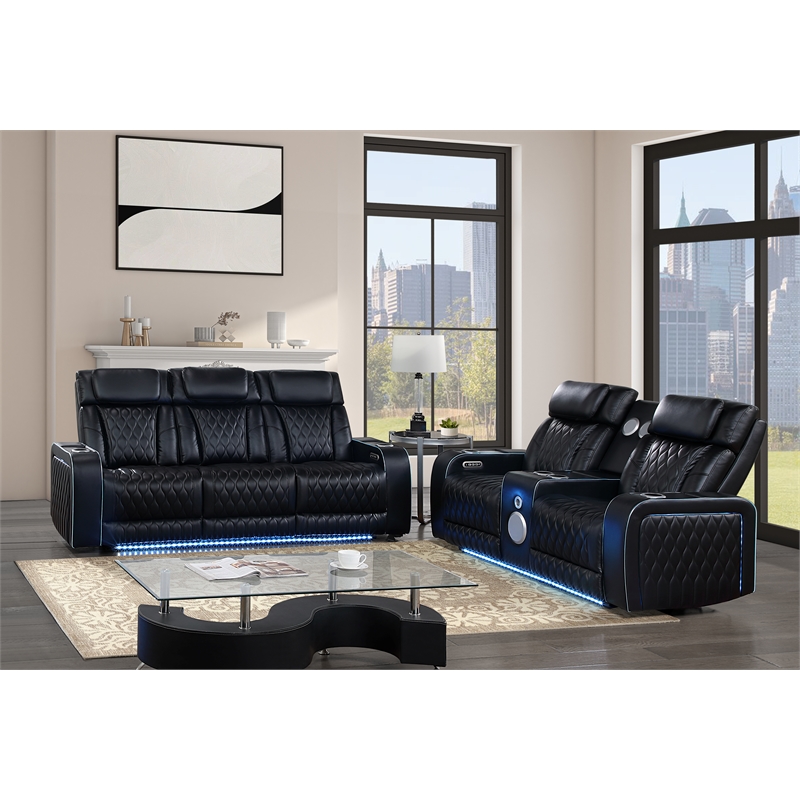 Galaxy Home Electra 2PC PWR Reclining Sofa Loveseat Set w Massage in Black