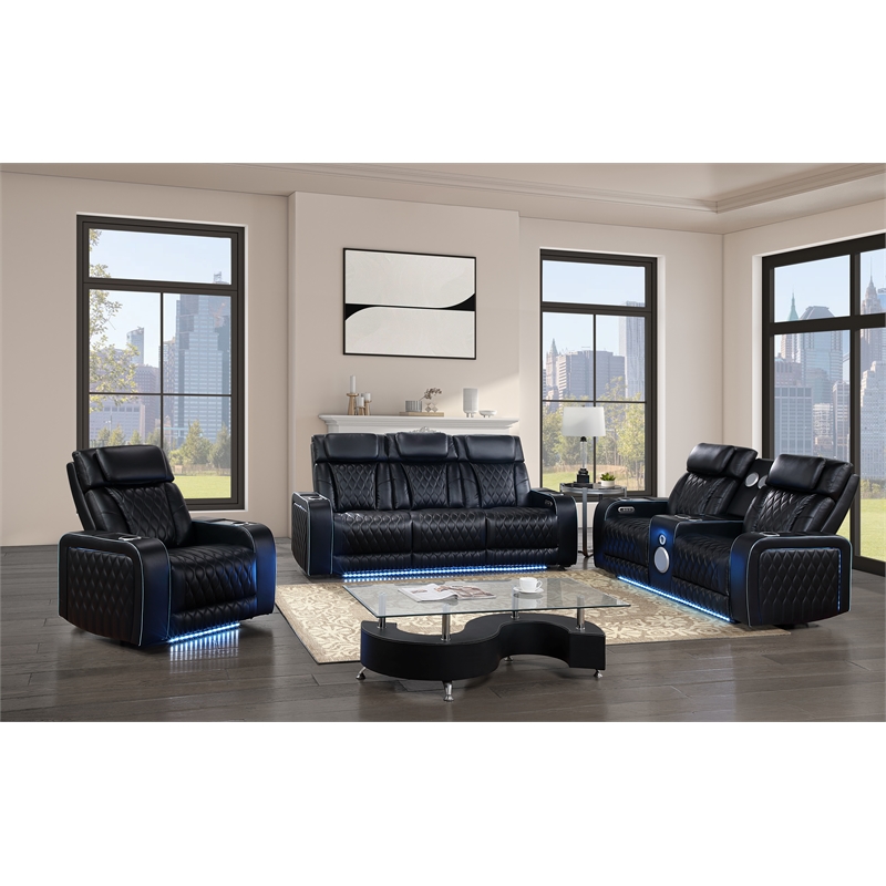 Galaxy Home Electra 3PC Power Reclining Sofa Loveseat Recliner Set in Black