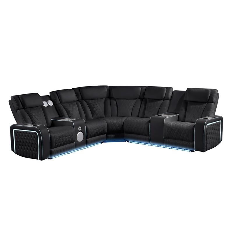 Galaxy Electra Power Reclining Sectional w Headrests/Speakers/LED in Black