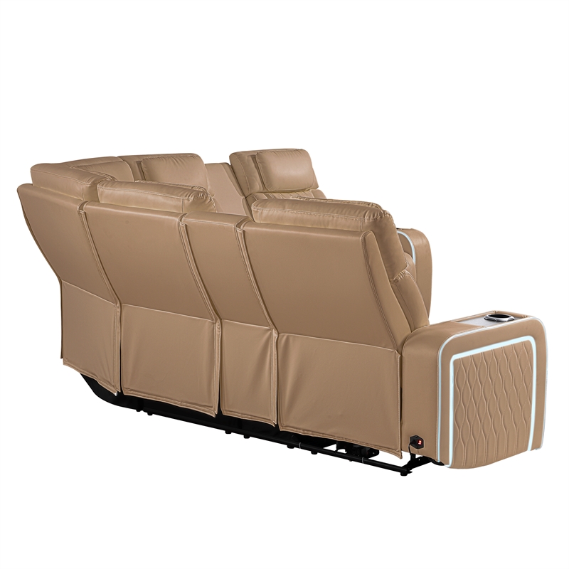 Electra Modern Power Reclining Sectional with Speakers Caramel Faux Leather
