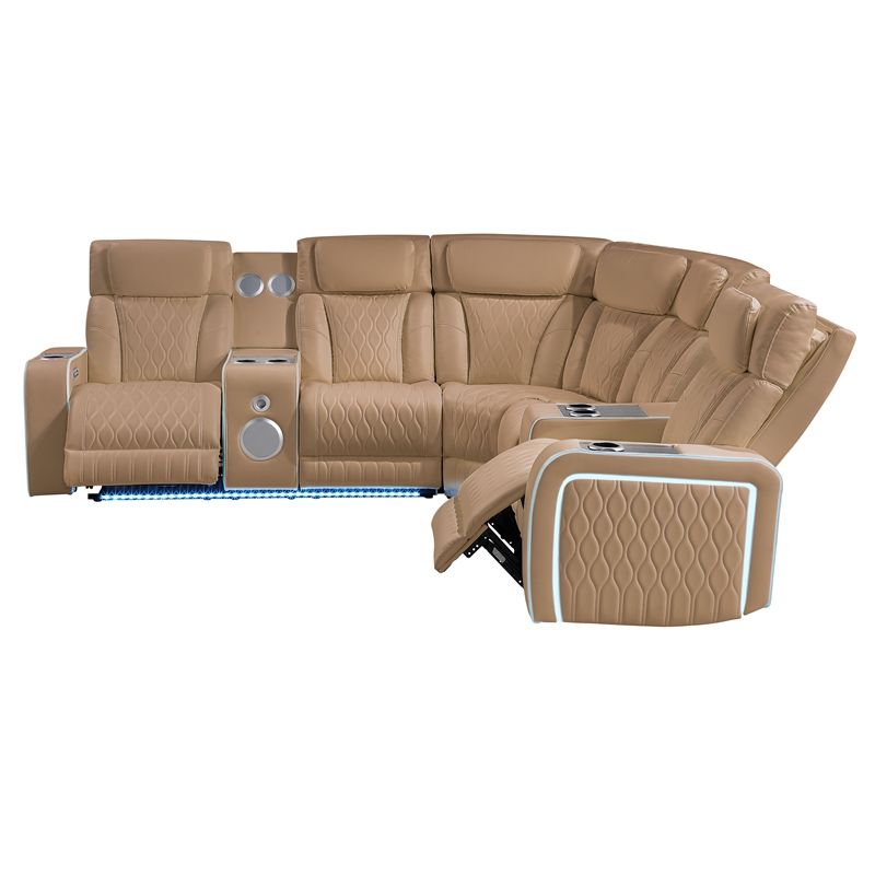 Electra Modern Power Reclining Sectional with Speakers Caramel Faux Leather