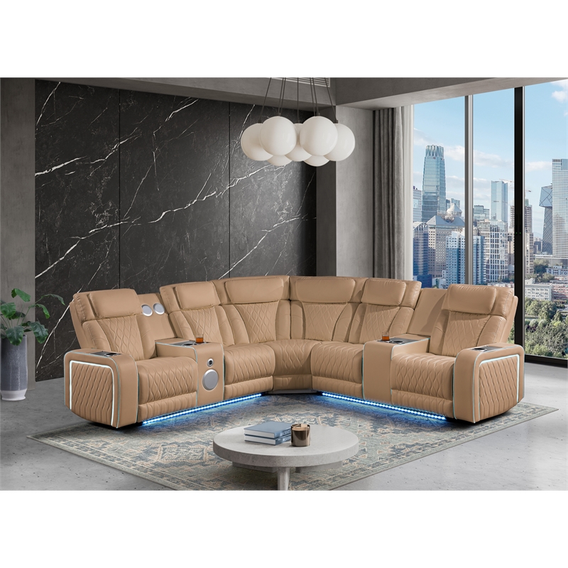 Electra Modern Power Reclining Sectional with Speakers Caramel Faux Leather