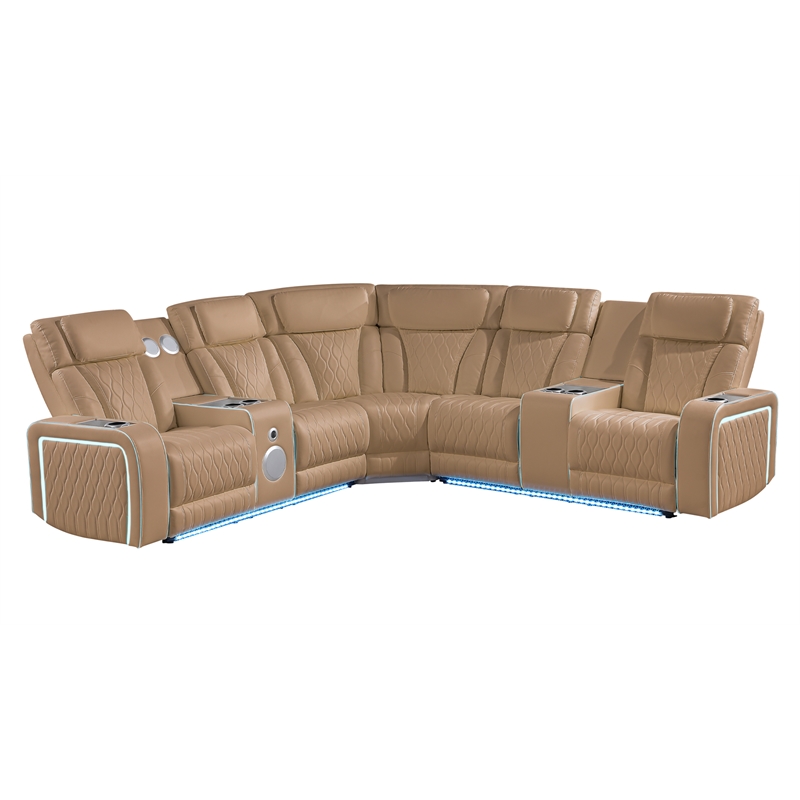 Electra Modern Power Reclining Sectional with Speakers Caramel Faux Leather