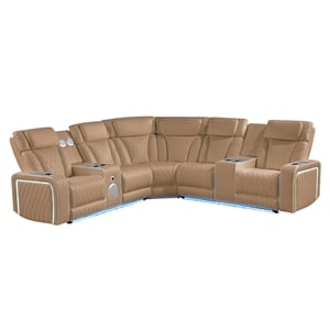 Electra Modern Power Reclining Sectional with Speakers Caramel Faux Leather