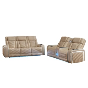 Electra 2PC Power Reclining Sofa Loveseat Recliner Set Caramel Faux Leather