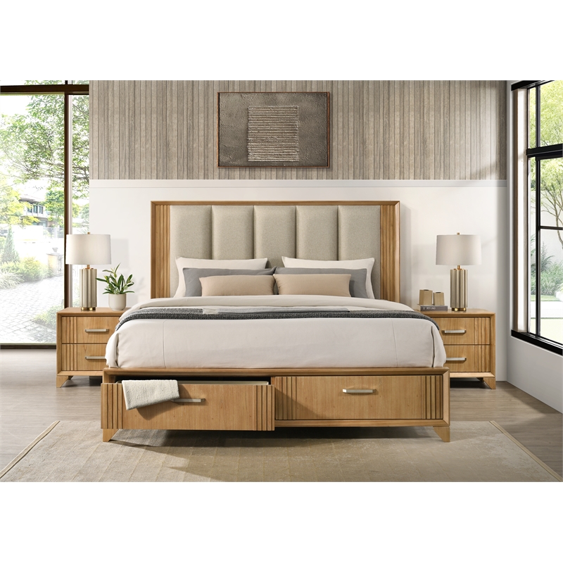 Galaxy Home Modern Queen Storage Bed with Upholstered Headboard in Natural