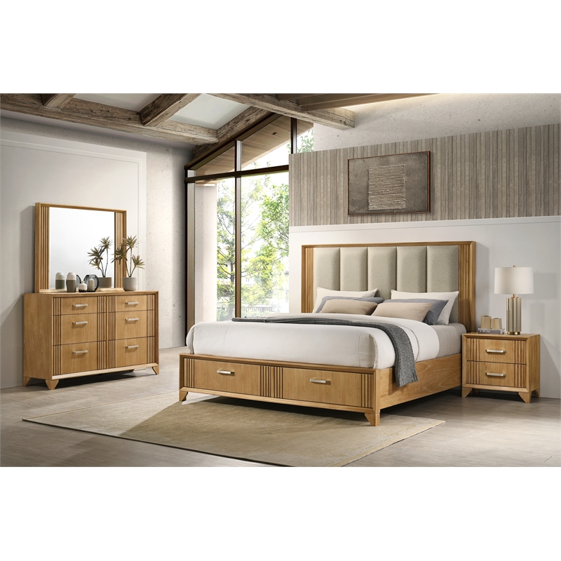 Galaxy Home Modern King Storage Bed with Upholstered Headboard in Natural