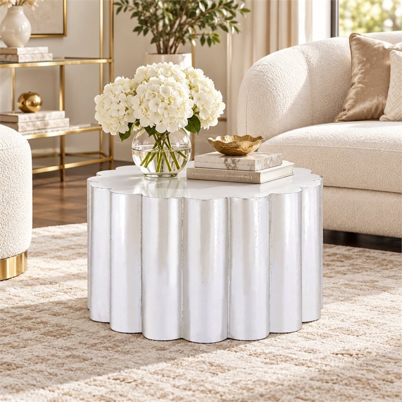 301 Modern 2-Piece Iron Coffee & End Table Set in Silver Foil Finish