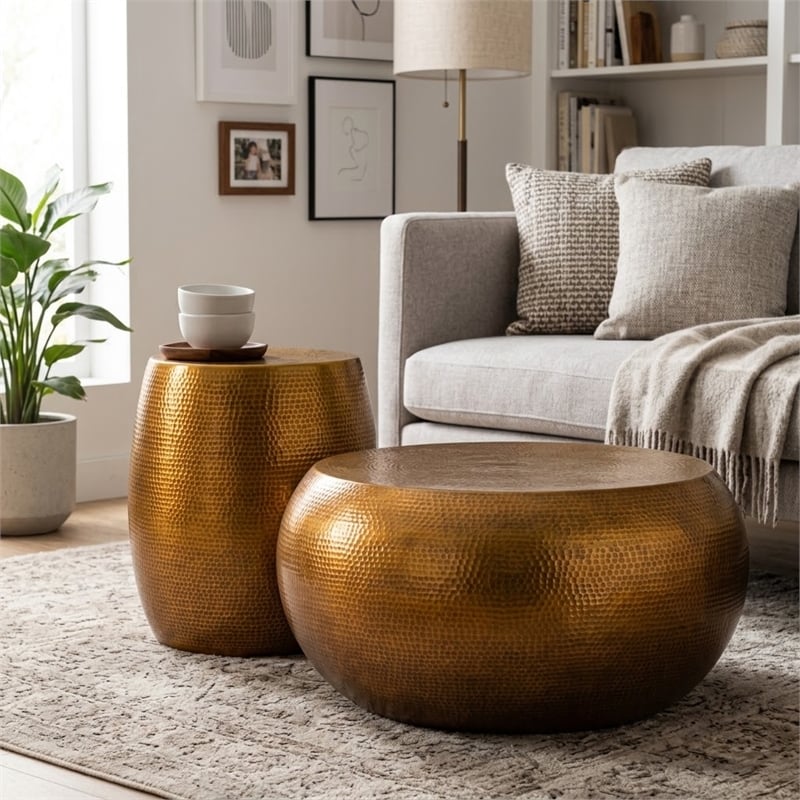201 Modern 2-Piece Aluminum Coffee & End Table Set in Gold Finish