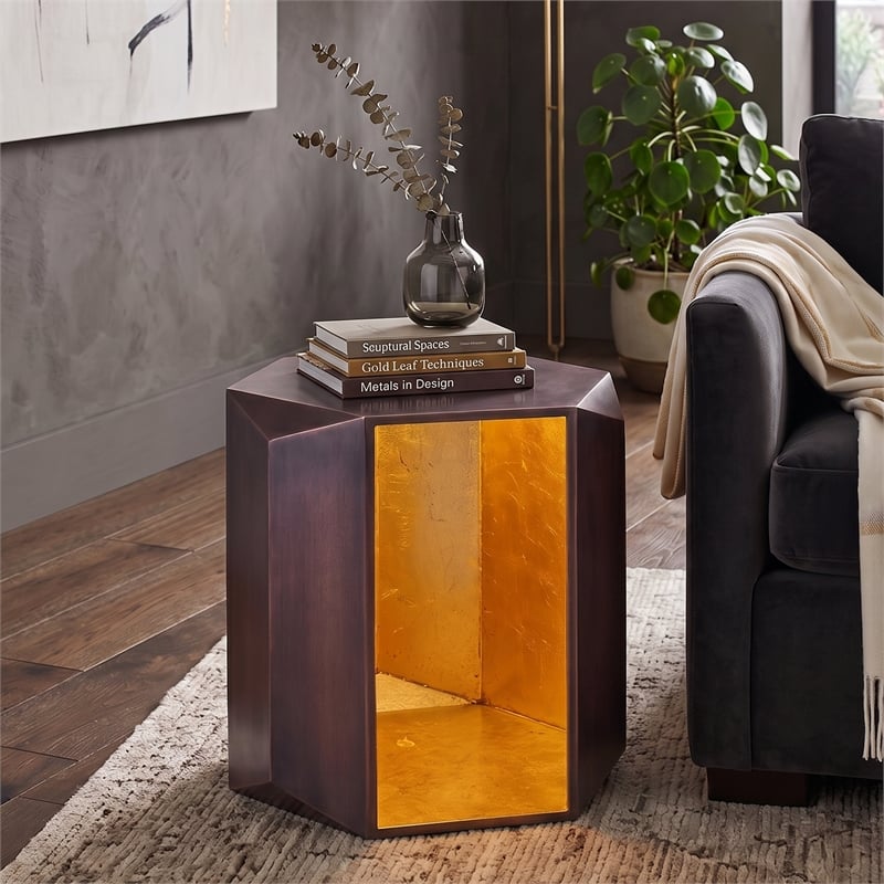 529 Contemporary 2-Piece Iron Table Set in Copper with Gold Foil