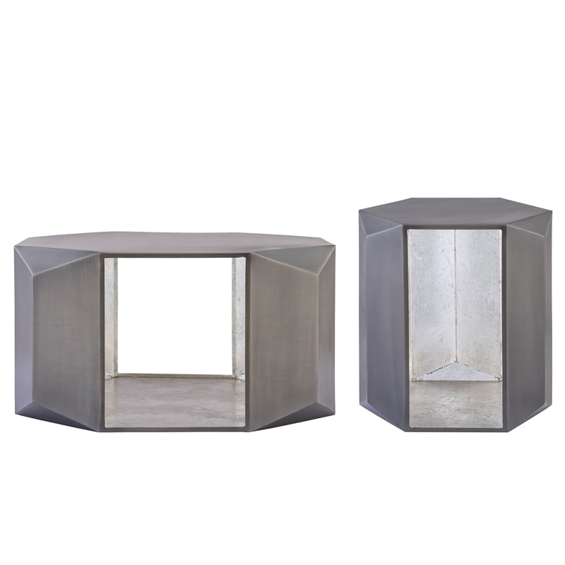 529 Contemporary 2-Piece Iron Table Set in Silver with Gold Foil