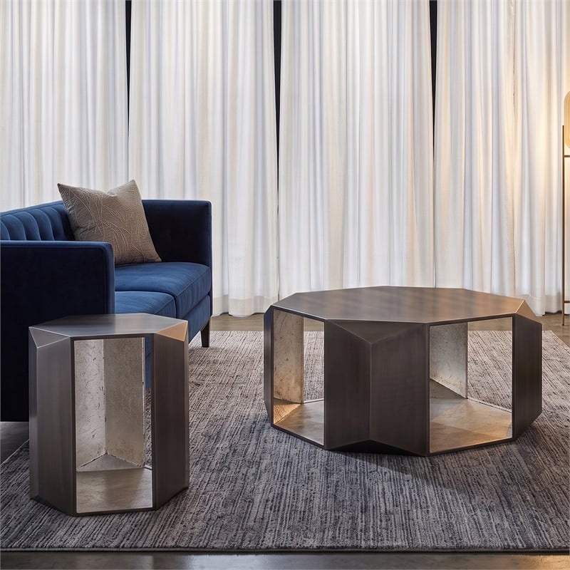 529 Contemporary 2-Piece Iron Table Set in Silver with Gold Foil