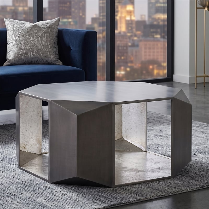 529 Contemporary 2-Piece Iron Table Set in Silver with Gold Foil