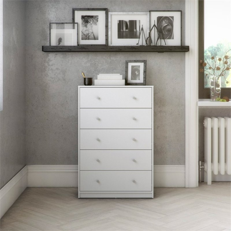 Levan Home Modern White Tall 5 Drawer Chest Bedroom Dresser Lh