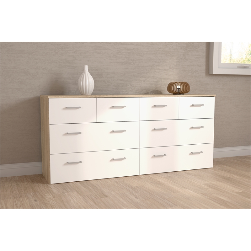 Levan Home Engineered Wood Modern Oak and White 8 Drawer Double Bedroom Dresser