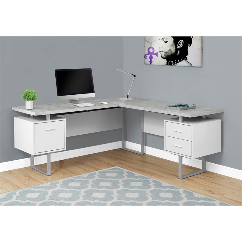 Levan Home L Shaped Corner Computer Desk in White and Gray Cement