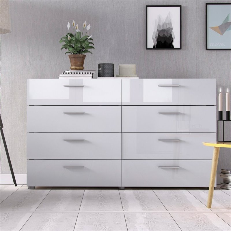 Levan Home Engineered Wood 8 Drawer Double Dresser in Oak/White High Gloss