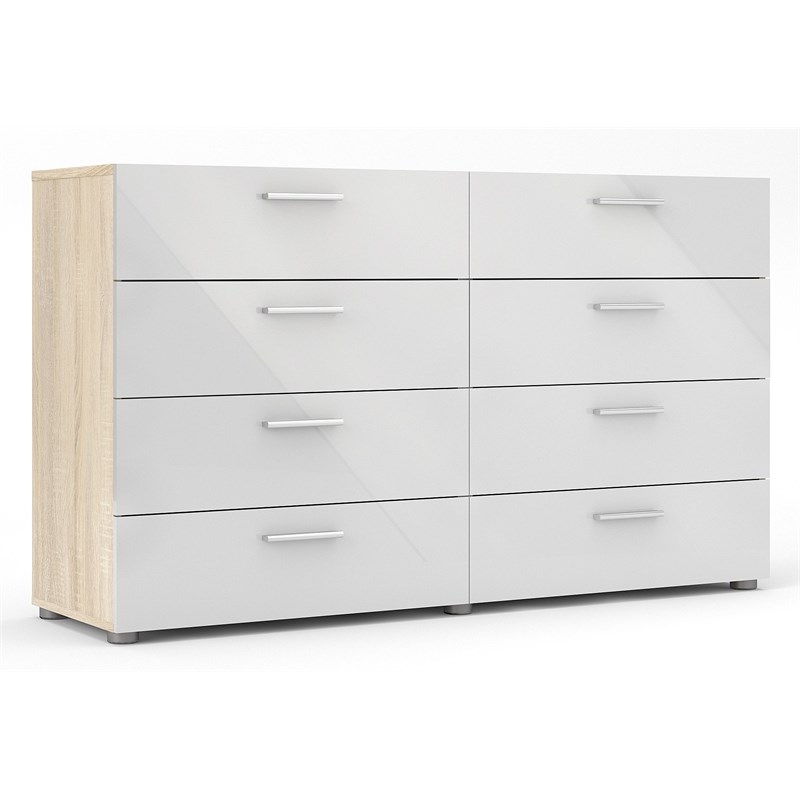 Levan Home Engineered Wood 8 Drawer Double Dresser in Oak/White High Gloss