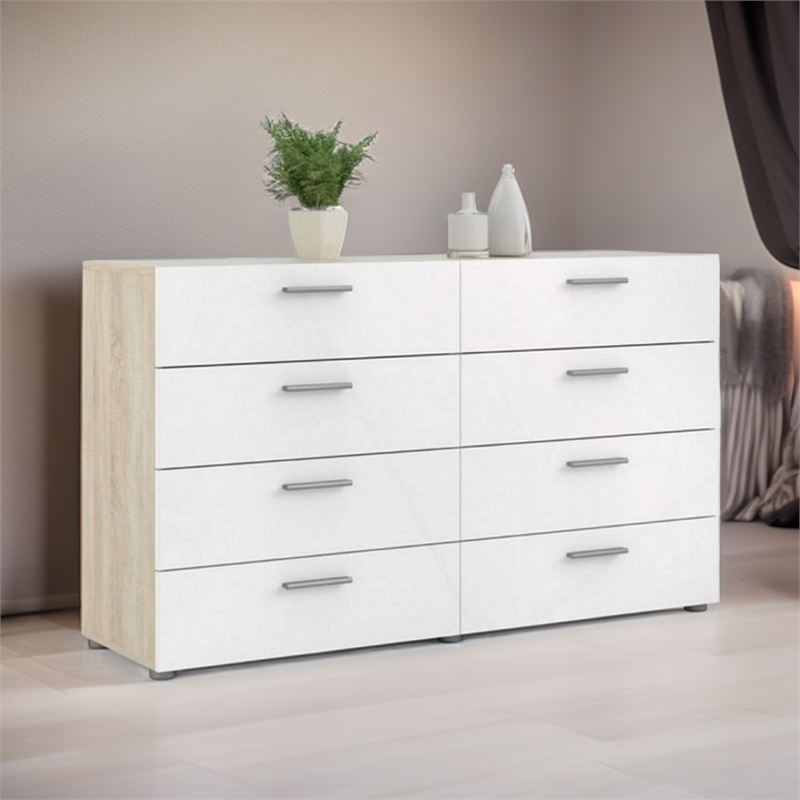 Levan Home Engineered Wood 8 Drawer Double Dresser in Oak/White High Gloss