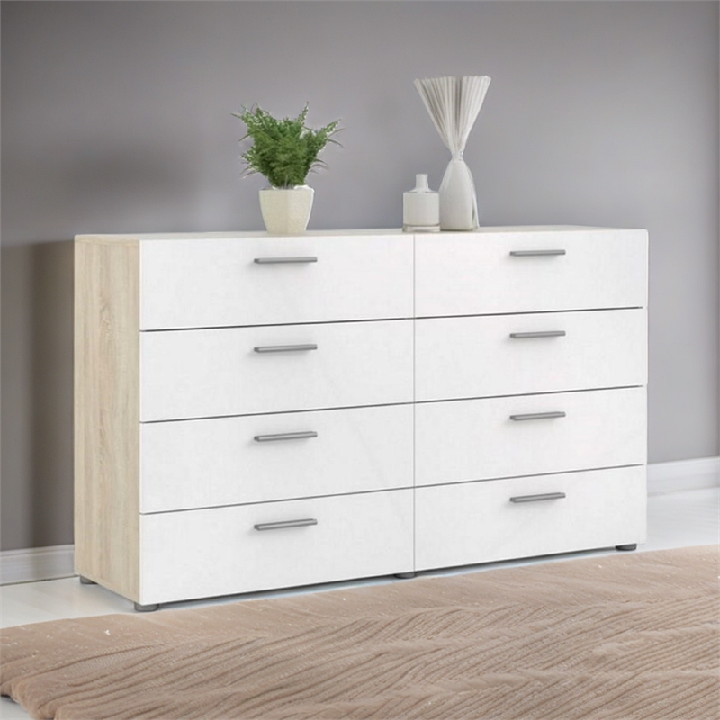 Levan Home Engineered Wood 8 Drawer Double Dresser in Oak/White High Gloss