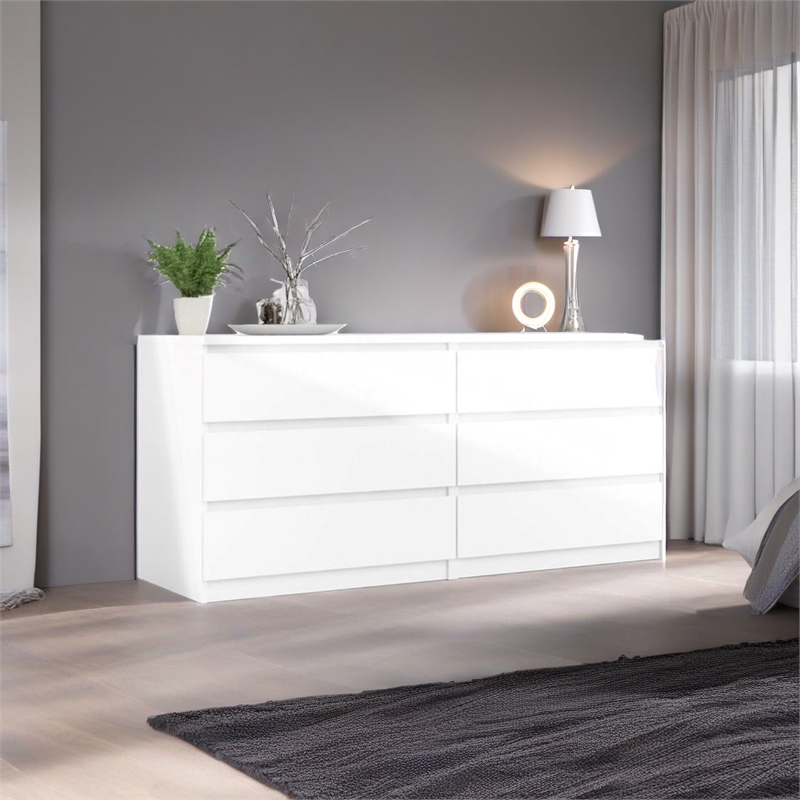 Levan Home Engineered Wood 6 Drawer Double Bedroom Dresser in White High Gloss