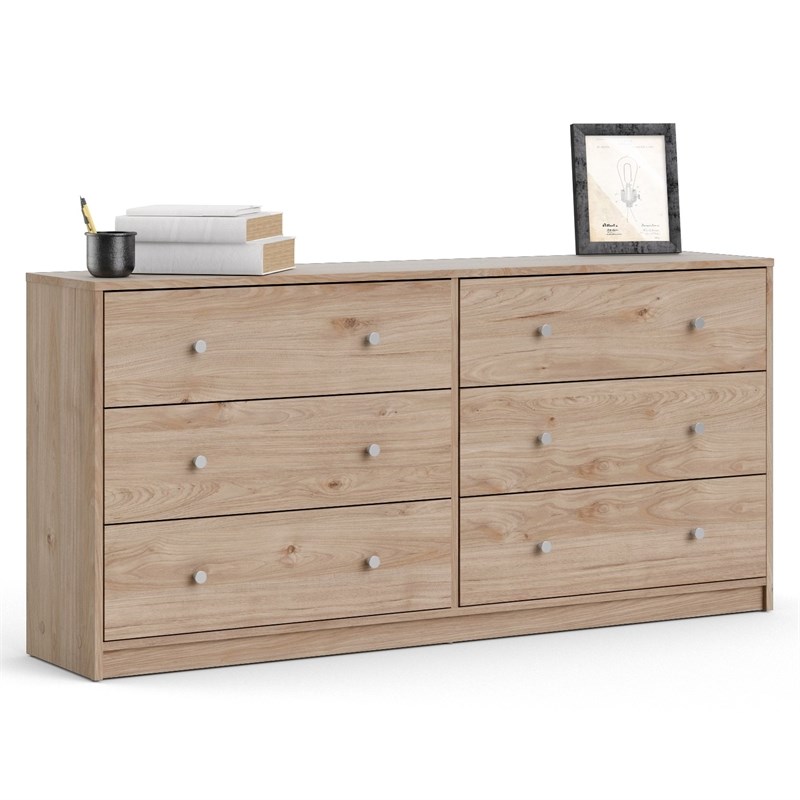 Levan Home Contemporary Wide 6 Drawer Double Bedroom Dresser in Oak