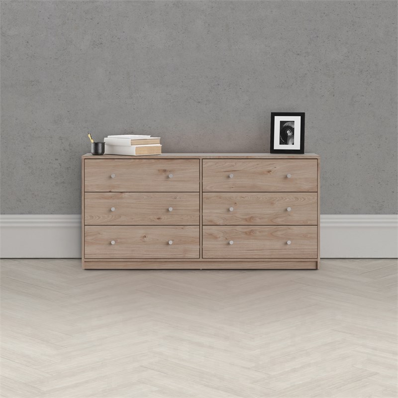 Levan Home Contemporary Wide 6 Drawer Double Bedroom Dresser in Oak
