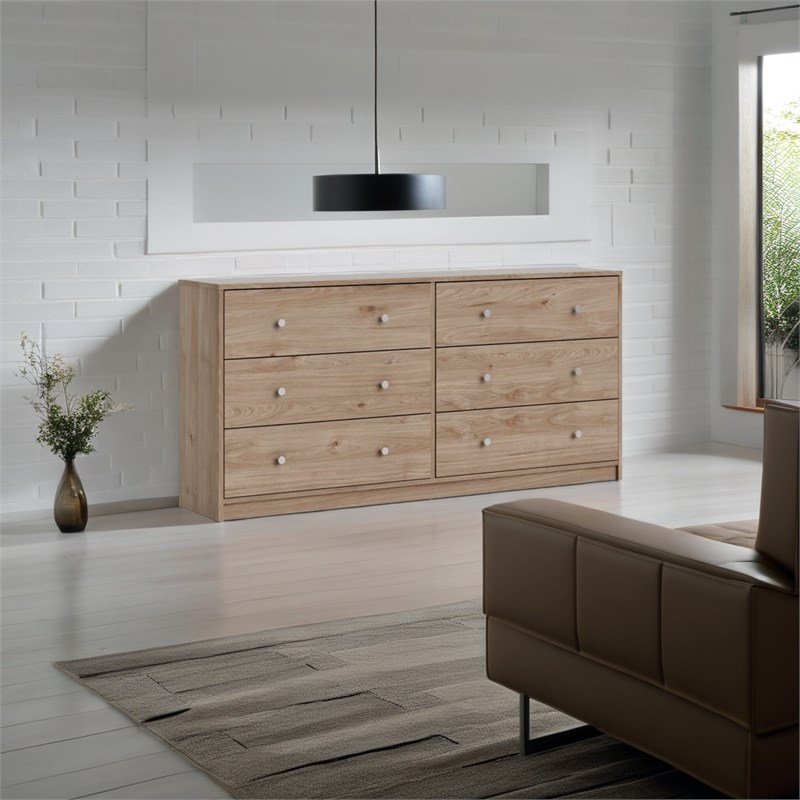 Levan Home Contemporary Wide 6 Drawer Double Bedroom Dresser in Oak