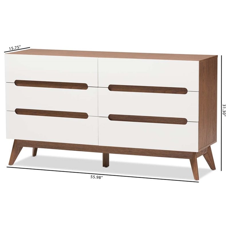 Levan Home Modern 6 Drawer Double Dresser in White and Walnut