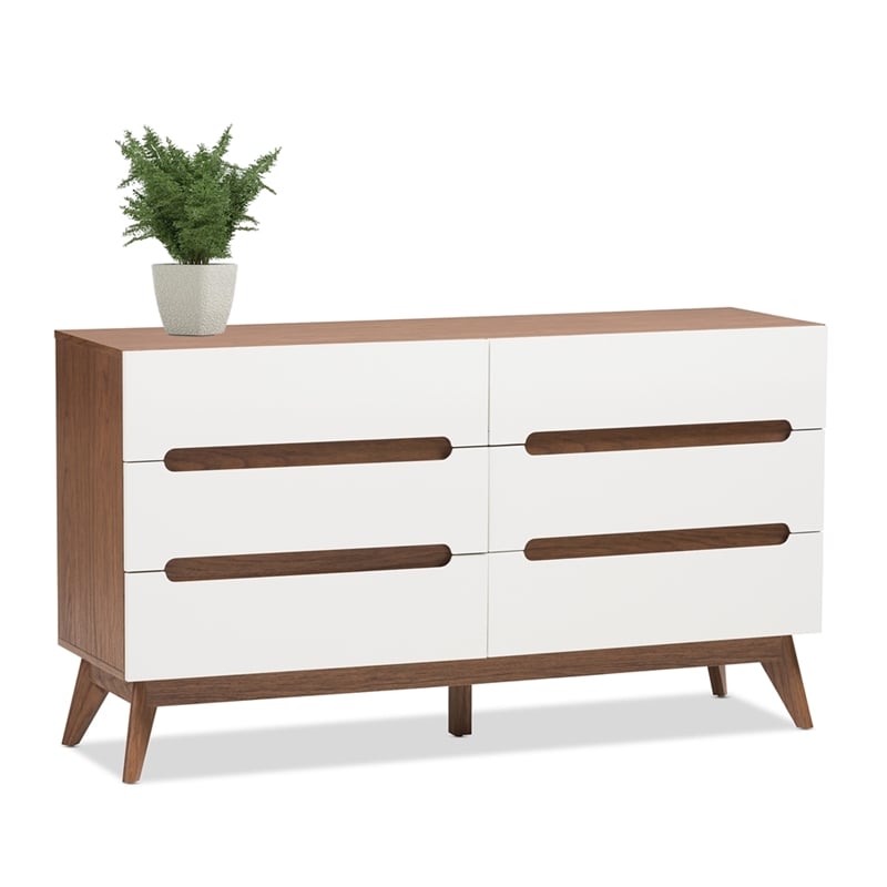Levan Home Modern 6 Drawer Double Dresser in White and Walnut