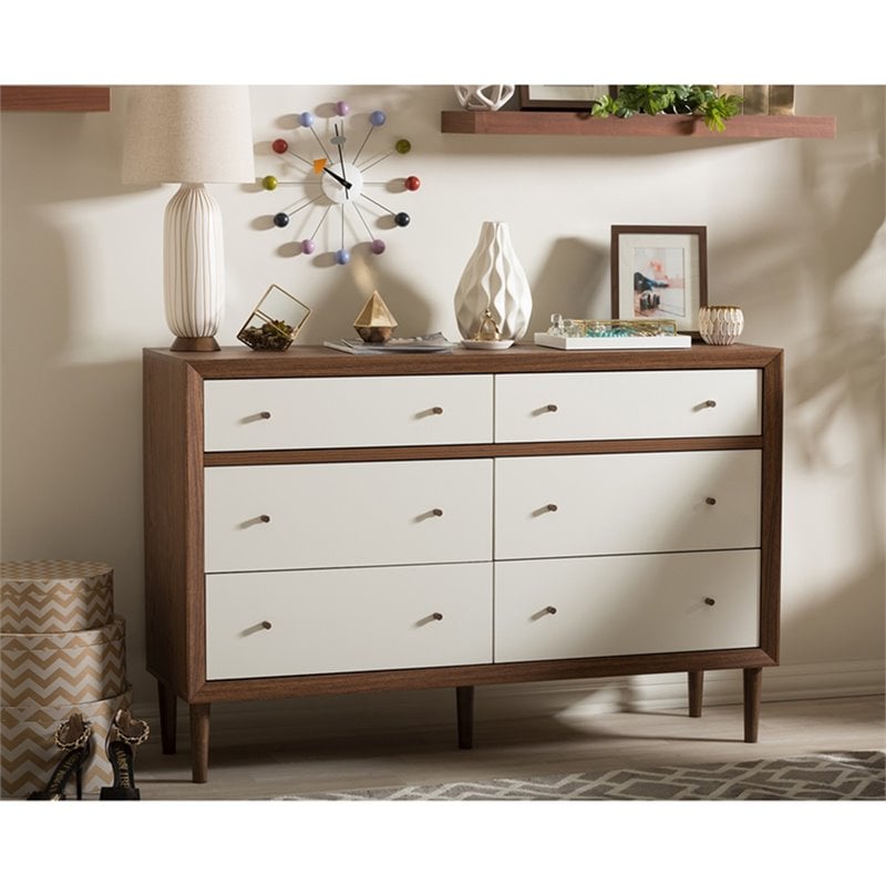 Levan Home Modern 6 Drawer Double Dresser in White and Walnut