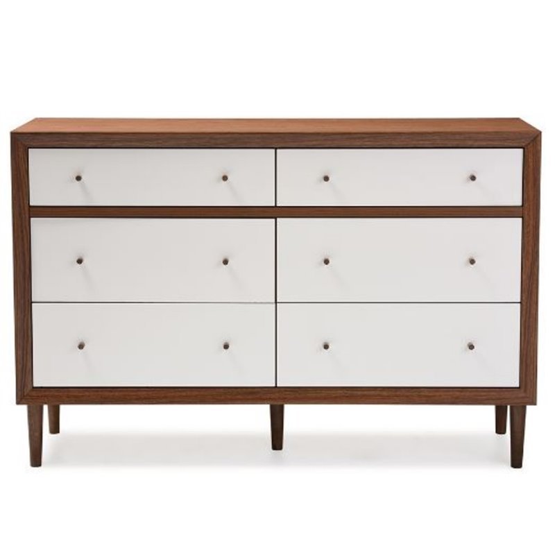 Levan Home Modern 6 Drawer Double Dresser in White and Walnut