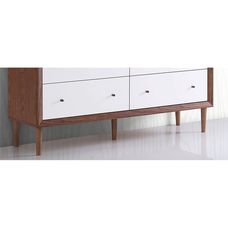 Levan Home Modern 6 Drawer Double Dresser in White and Walnut