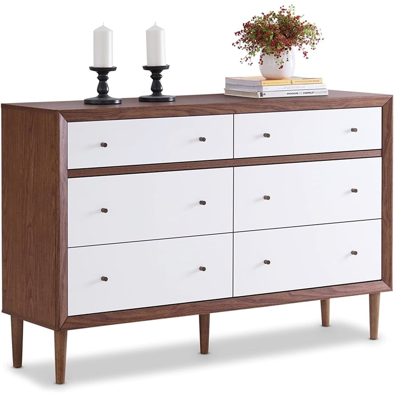 Levan Home Modern 6 Drawer Double Dresser in White and Walnut