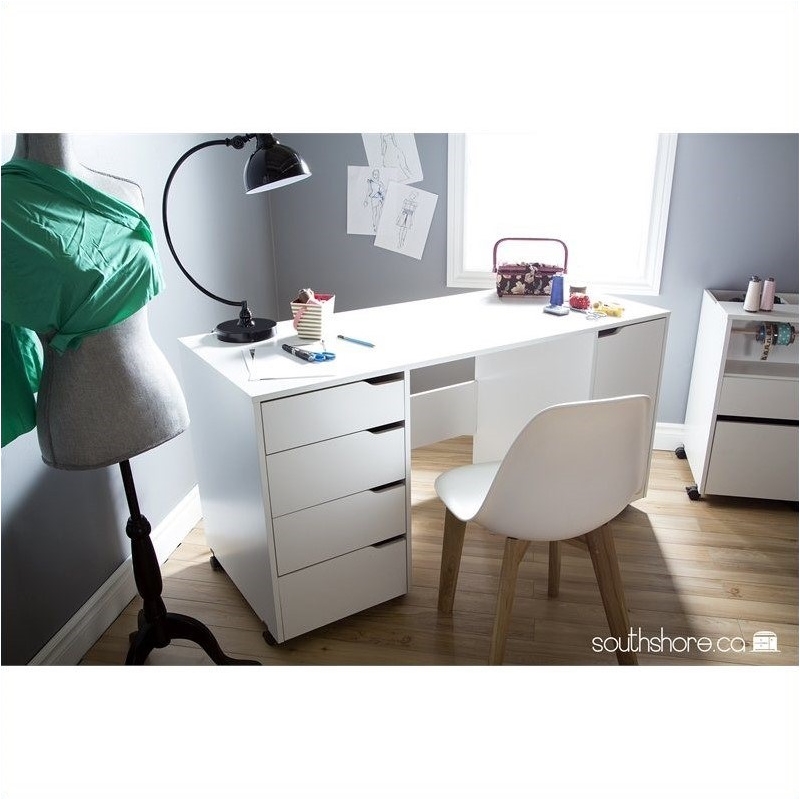 Levan Home Sewing Craft Table on Wheels in Pure White