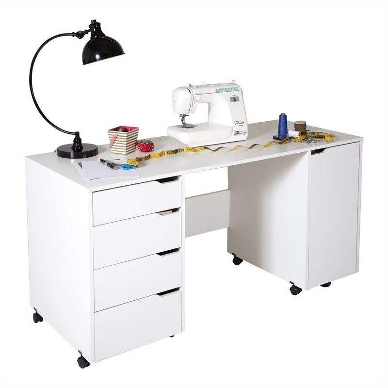 Levan Home Sewing Craft Table on Wheels in Pure White