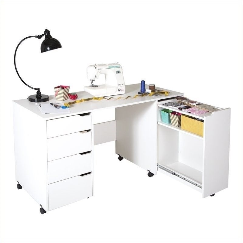 Levan Home Sewing Craft Table on Wheels in Pure White
