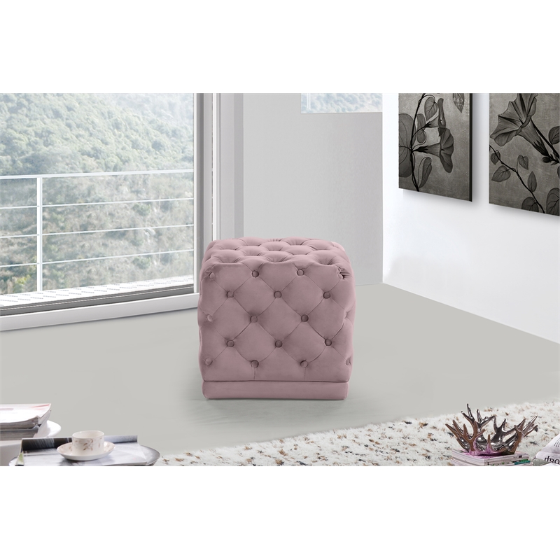 Meridian Furniture Stella Button Tufted Velvet Upholstered Ottoman/Stool in Pink