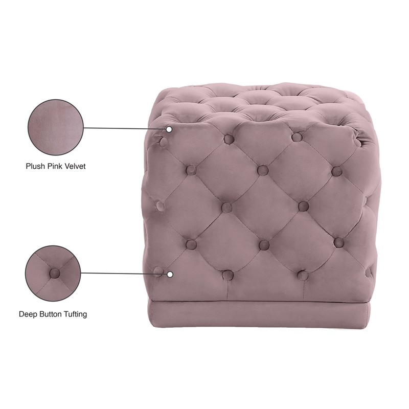 Meridian Furniture Stella Button Tufted Velvet Upholstered Ottoman/Stool in Pink
